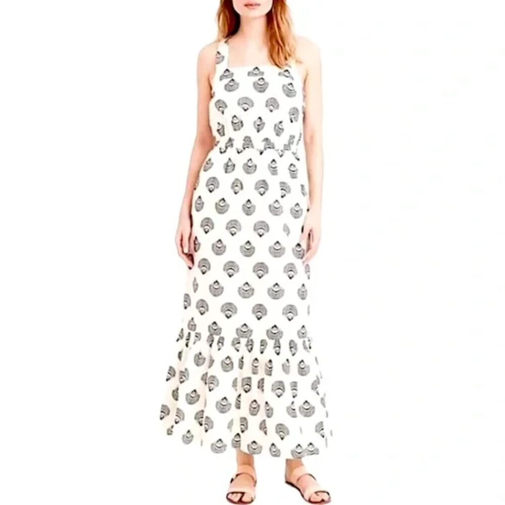 J.Crew Women's Size 8 White and Black Shell Print Voile Maxi‎ Dress